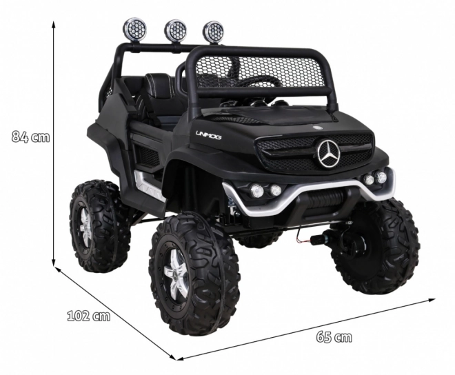 Mercedes Benz Unimog für Kinder schwarz + Antrieb 4x4 + Fernbedienung + Kofferraum + langsamer Start + MP3 LED