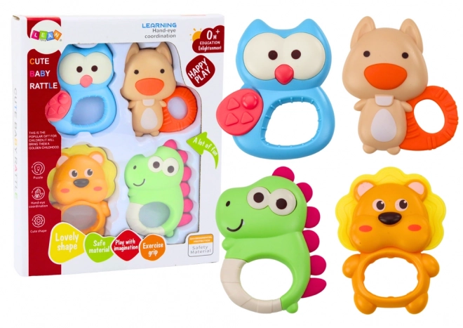 Tierische Rasseln und Beißringe Set - Bunte Pastellfarben, 4er Set