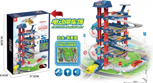 Große interaktive Parkgarage mit elektrischem Aufzug und Spielmatte, 2 Metallautos und Zubehör