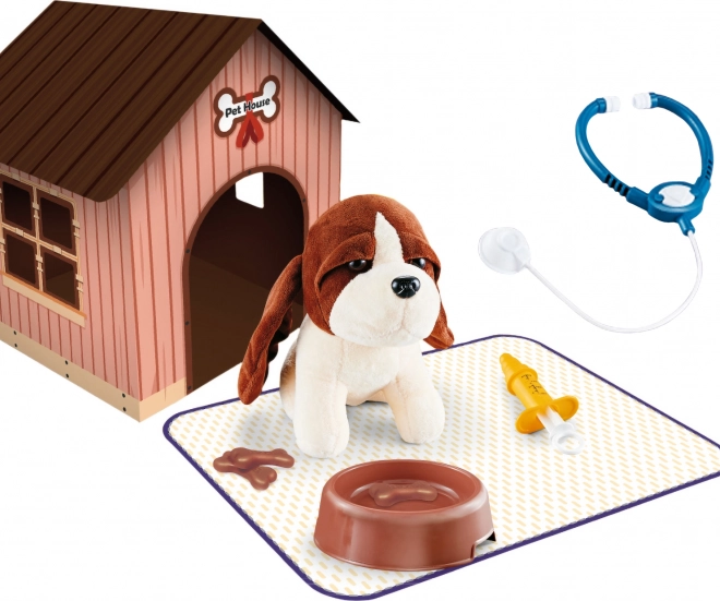Plüschhund mit Haus und Tragetasche