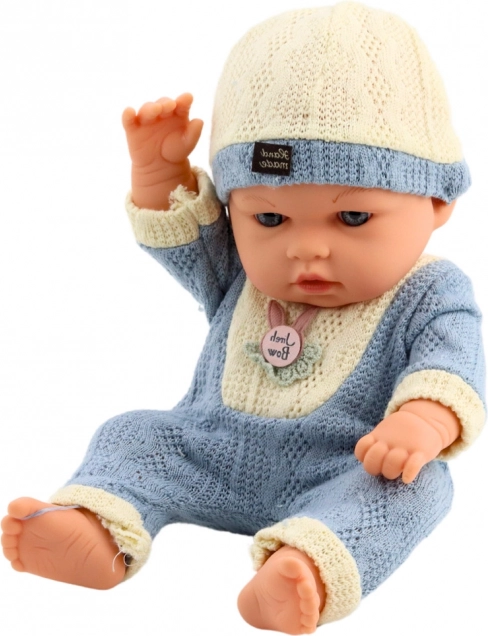 Puppe Baby in Gestricktem Blauem Outfit mit Mütze