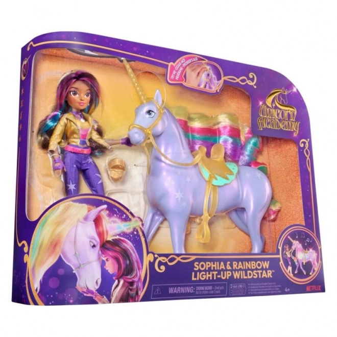 Unicorn Academy Leuchtendes Einhorn Wildstar mit Puppe Sophia 24cm