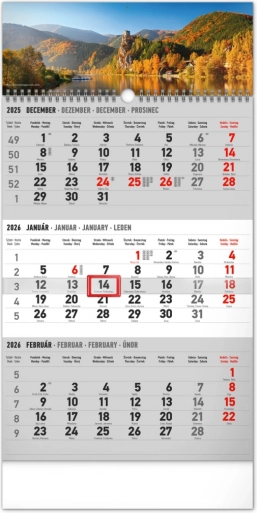 Notique Wandkalender mit Dreimonatsübersicht Landschaft, slowakische Namen 2026, 29,5 × 43 cm, grau
