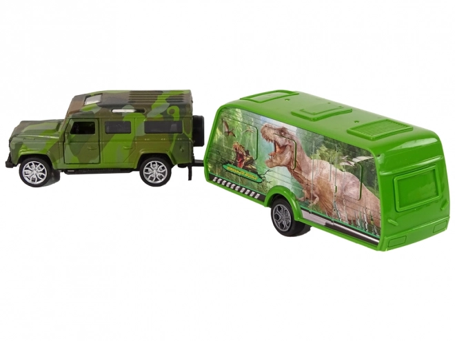Spielzeugauto Jeep mit Anhänger und Dinosauriern