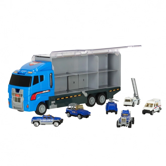 Transporter-LKW mit Abschussrampe und Polizeiautos