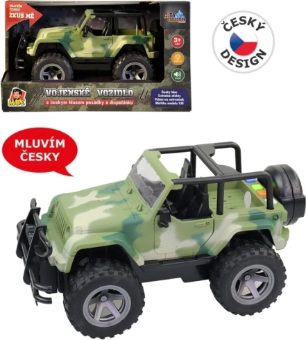 Militär-Jeep mit Schwungrad, Lichtern und tschechischen Crew‑Sounds 1:16