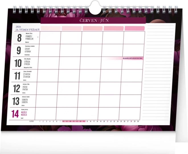Wöchentlicher Planungskalender Lila Blumen 2026, 30 x 21 cm