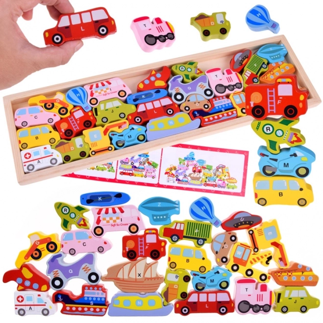 Großes Holzspielzeug-Set Fahrzeuge mit Buchstaben