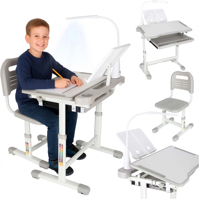 Wachsender Kinderschreibtisch mit Stuhl und LED-Lampe, grau