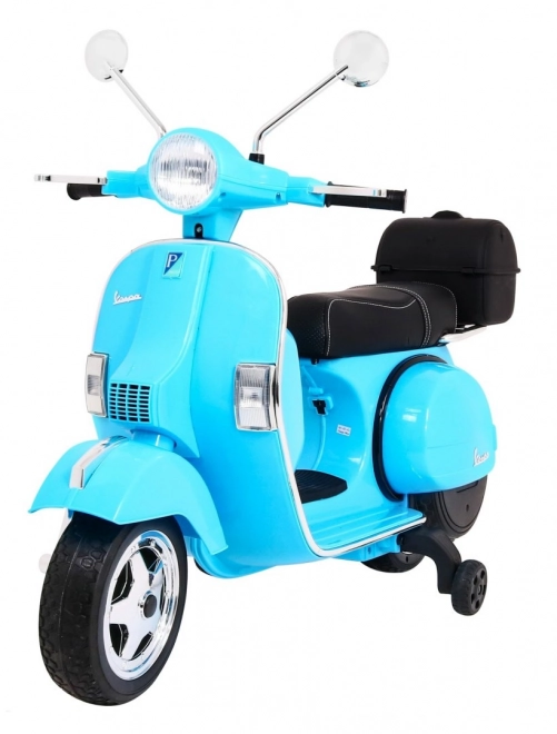 Elektrischer Kinderroller Vespa Blau mit Stützrädern, Audio und EVA