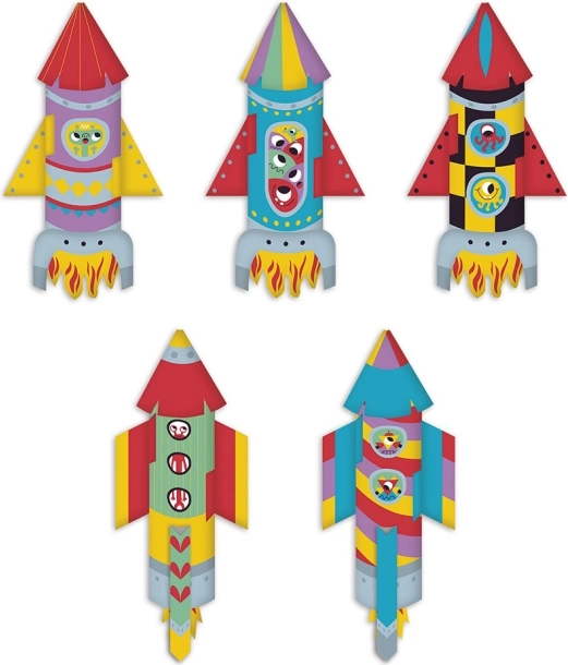 Fünf verschiedene Raketen aus wunderschön illustrierten Papieren