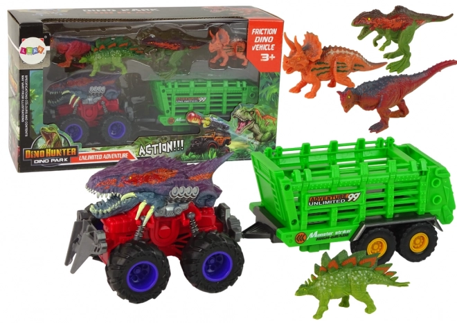 Dinosaurier-Spielzeugauto mit Anhänger und 4 Dinosauriern