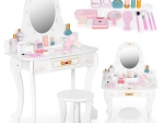 Großer Kinder-Schminktisch aus Holz mit Spiegel für Mädchen, rosa Zubehör, ECOTOYS