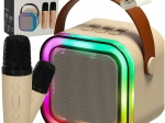 Karaoke-Set mit Bluetooth-Lautsprecher, 2 Mikrofonen und LED-Beleuchtung 6 W – beige