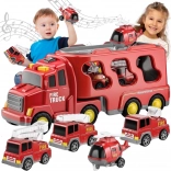 WOOPIE Feuerwehr-Set – Transport-LKW und 4 Fahrzeuge mit Licht und Sound