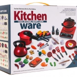 Rotes Topfset mit Küche und Zubehör