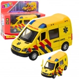 Metall-Krankenwagen 1:32 mit Pull-Back-Antrieb, Licht und Sound – gelb