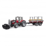 BRUDER Traktor MASSEY FERGUSON 7480 mit Frontlader und Holztransportanhänger