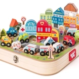 Holzeisenbahn und Stadt im Koffer