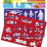 Zeichenschablonen mit Motiven von Verkehrsmitteln und Menschen