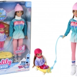 ANLILY Mama und Tochter auf dem Schlitten – Winter-Puppenset mit Schlitten