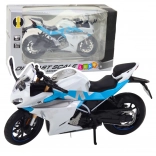 Metallsportmotorrad 1:12 mit Licht und Sound – weiß‑blau