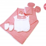Llorens Outfit für die Puppe New Born 40–42 cm, 3‑teiliges Set mit Unterlage mit Öhrchen